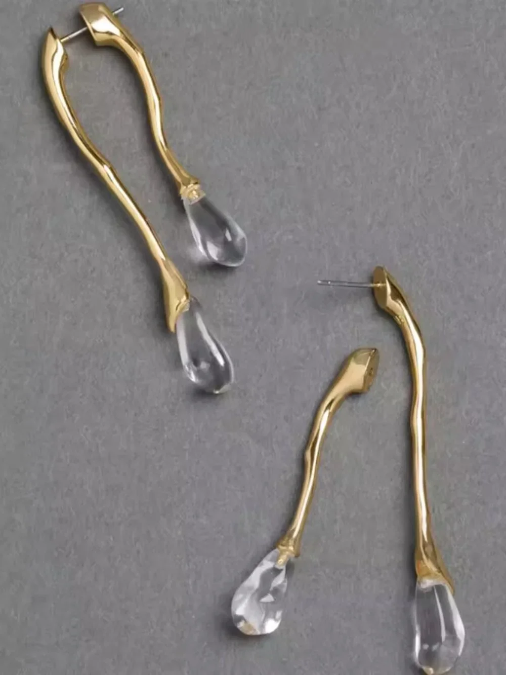 Gold Tone Organic Teardrop Crystal Drop Earrings Modern Statement NEW